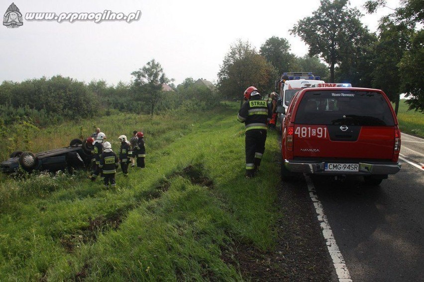 Wypadek w Jeziorkach koło Mogilna. Dachowanie audi A4 [dużo zdjęć]