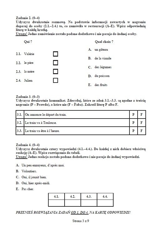 Próbny egzamin gimnazjalny: Język francuski podstawowy (ODPOWIEDZI I ARKUSZ)