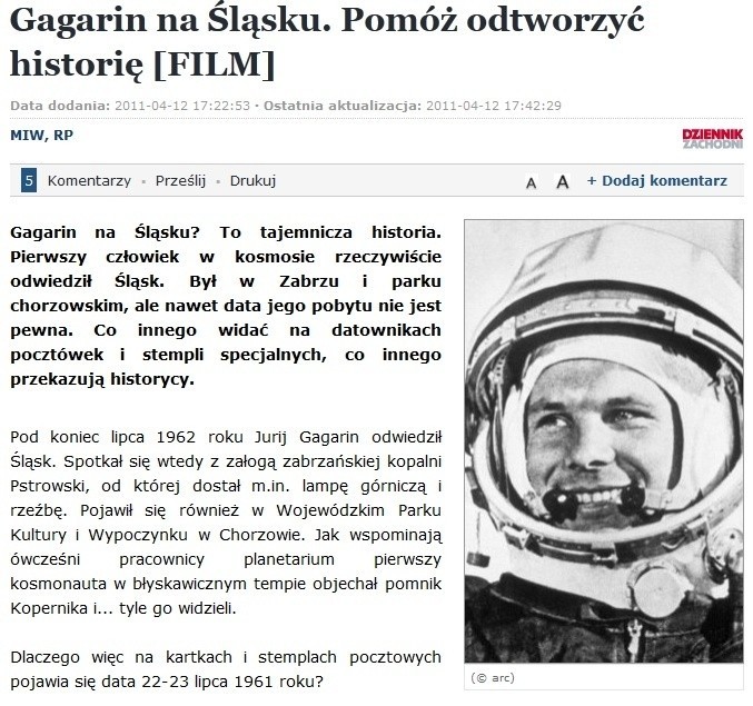 Słynny Jurij Gagarin odwiedził Śląsk. Konkretnie Zabrze....