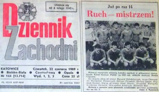 Archiwalne wydanie Dziennika Zachodniego z drużyną Ruchu Chorzów jako mistrzem Polski