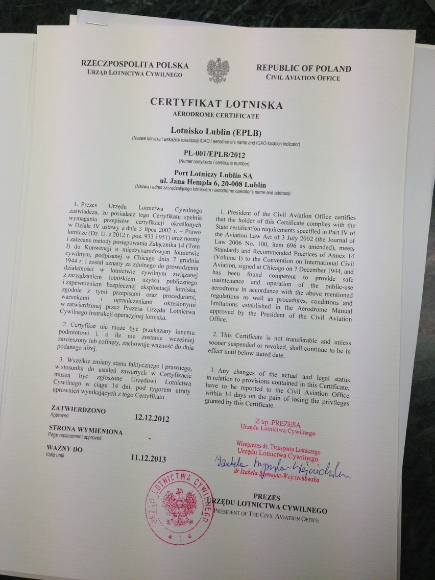 Lotnisko Lublin ma certyfikat