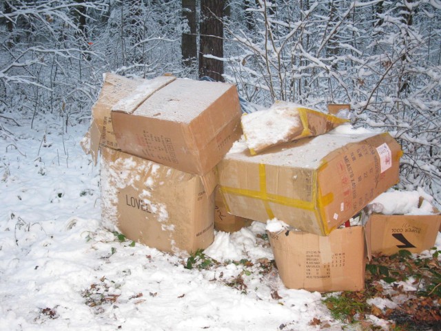 Kartony ze śmieciami porzucone mijającej zimy w leśnictwie Homrzyska