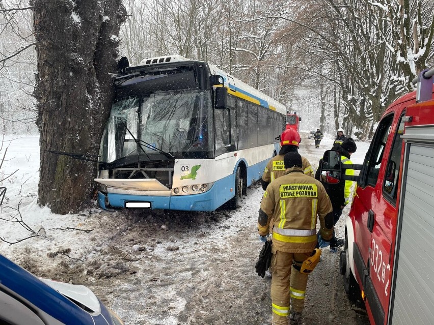 Wypadek w Czechowicach-Dziedzicach. Autobus uderzył w drzewo. Cztery osoby, w  tym dzieci, przewiezione do szpitala