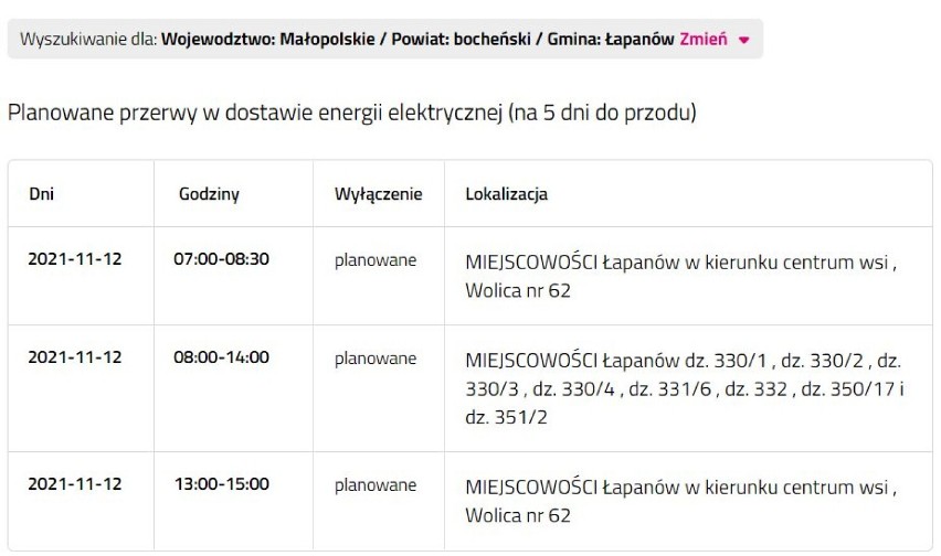 Wyłączenia prądu w powiecie bocheńskim i brzeskim, 8.11.2021