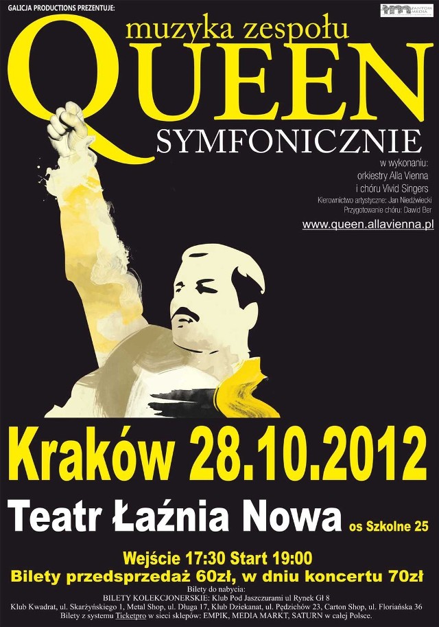 W niedzielę 28 października, kolejny koncert projektu Queen Symfonicznie. Tym razem orkiestra Alla Vienna z chórem Vivid Singers wystąpią w Krakowie - w Teatrze Łaźnia Nowa (os.Szkolne 25). Będzie to już trzeci występ w Krakowie &#8211; pierwszy, który odbył się w marcu został wyprzedany 3 tygodnie przed koncertem. W rolę Freddiego Mercury'ego wcieli się ponownie aktor Mariusz Ostrowski (aktualnie możemy go oglądać w serialu "Paradoks" u boku Bogusława Lindy)