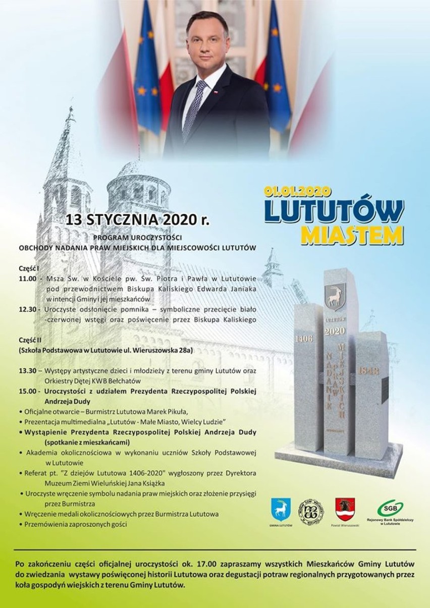 Prezydent RP Andrzej Duda weźmie w poniedziałek udział w uroczystościach związanych z odzyskaniem praw miejskich Lututowa