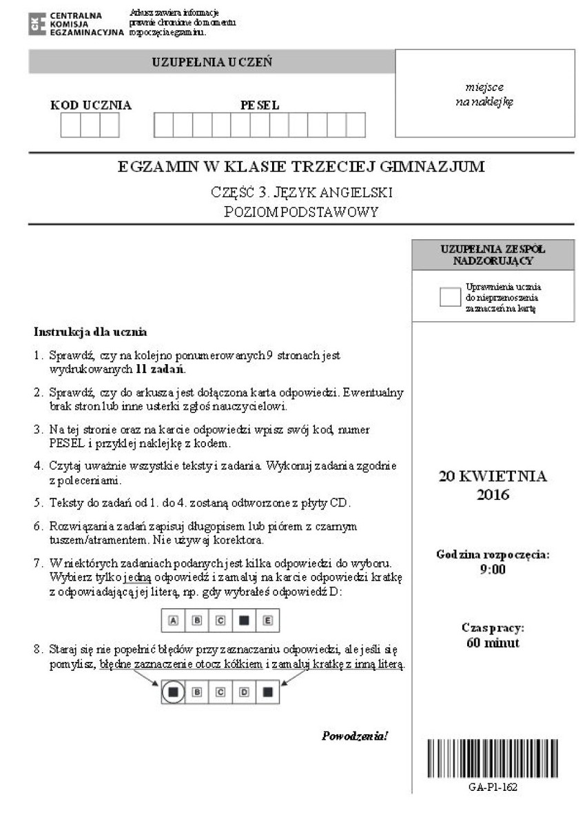 Egzamin gimnazjalny 2016: ANGIELSKI poziom podstawowy...