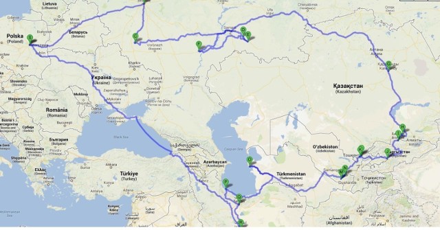 Zakładana trasa wyprawy. Szlak wiedzie przez Rosję, Kazachstan, Kirgistan, Uzbekistan, Turkmenistan do Iranu. W miarę możliwości odwiedzę też Tadżykistan