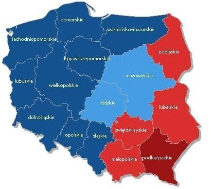 Poparcie dla partii w województwach. Kolorem czerwonym - Prawo i Sprawiedliwość