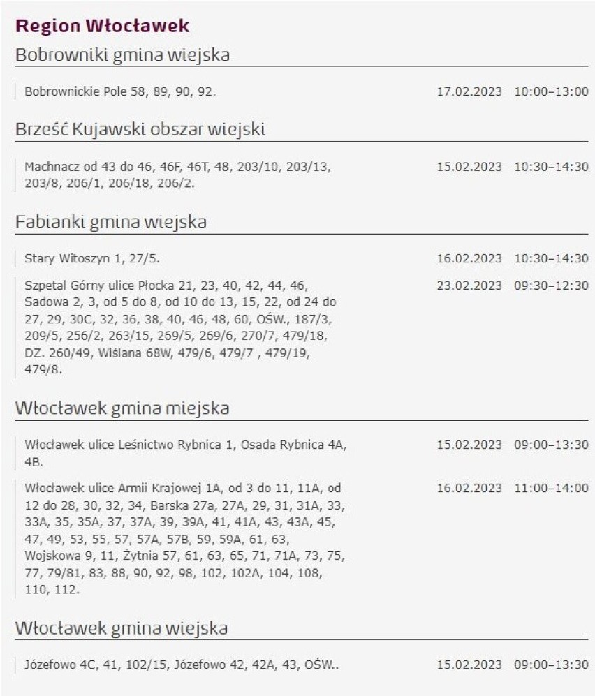 Tu nie będzie prądu w Kujawsko-Pomorskiem [miasta, gminy - 18.02.2023]