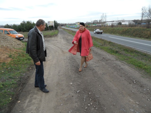 Sołtys Tadeusz Czapla i radna wojewódzka Barbara Dziuk przy DW 913 w Pyrzowicach. Nie zgadzają się z planami przebudowy tej trasy