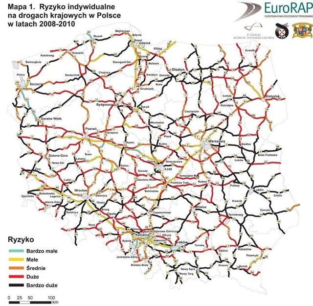 Z mapy ryzyka indywidualnego na drogach krajowych w Polsce w latach 2008-2010 wynika, że:

- 42% długości dróg krajowych, to &#8222;czarne odcinki&#8221; o najwyższym poziomie ryzyka, jednakże jest to o 19% (3 tys. km) mniej w stosunku do okresu 2005-2007 rozpoczynającego systematyczne badania ryzyka EuroRAP w Polsce,
- 76% długości dróg krajowych, to &#8222;czarne i czerwone odcinki&#8221;, jest to o 10% mniej niż w latach 2005-2007,
- 55% wszystkich wypadków ciężkich (z ofiarami śmiertelnymi i ciężko rannymi) na drogach krajowych miało miejsce na &#8222;czarnych odcinkach&#8221;, jest to o 16% mniej niż w latach 2005-2007, już 11% długości dróg krajowych (o 7% więcej niż w latach 2005-2007) spełnia kryteria bardzo małego i małego ryzyka przyjęte przez EuroRAP, jako poziom ryzyka akceptowanego dla podstawowej sieci dróg; są to odcinki głównie autostrad oraz dwujezdniowych dróg ekspresowych.