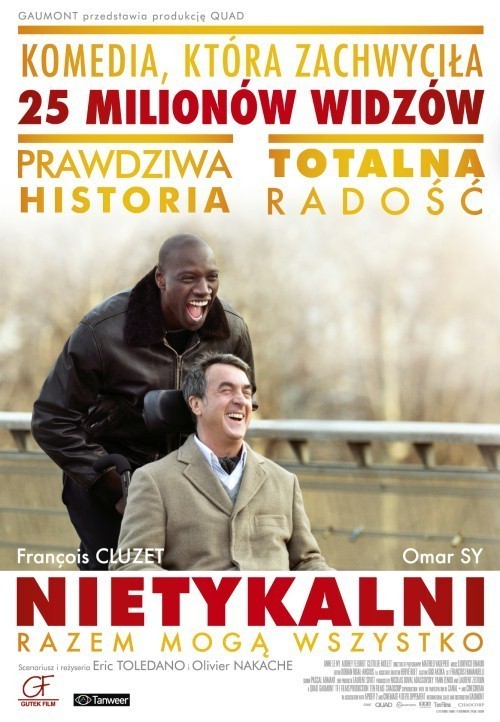 Nietykalni reż. Olivier Nakache, Eric Toledano Ta historia zdarzyła się naprawdę. Sparaliżowany na skutek wypadku milioner zatrudnia do pomocy i opieki młodego chłopaka z   przedmieścia, który właśnie wyszedł z więzienia. Zderzenie dwóch skrajnie różnych światów daje początek szeregowi niewiarygodnych przygód i przyjaźni, która czyni bohaterów... nietykalnymi. (uw)