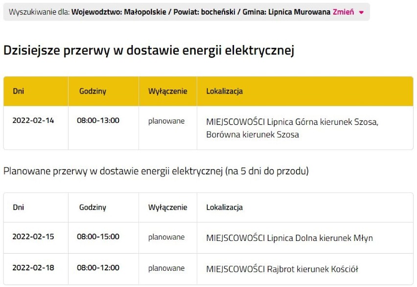Wyłączenia prądu w powiecie bocheńskim, 14.02.2022
