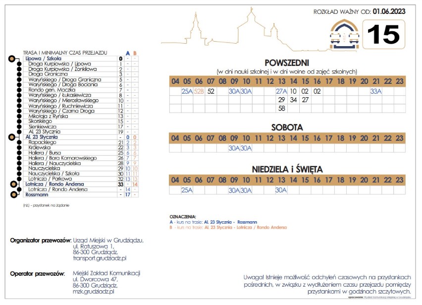 MZK Grudziądz. Nowe rozkłady jazdy autobusów T i 15 w Grudziądzu [rozkład jazdy] 