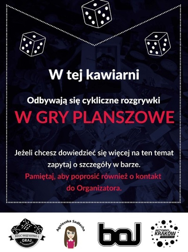 BAL, ul. Ślusarska 9
14 kwietnia, 19.00-23.00

Aktywny Kraków i Kawiarnia BAL zapraszają na cykliczne rozgrywki w gry planszowe. Spotkania mają charakter bezpłatny, a wśród uczestników można znaleźć zarówno zapalonych graczy jak i amatorów stawiających pierwsze kroki w planszówkowym świecie.
Wstęp wolny!