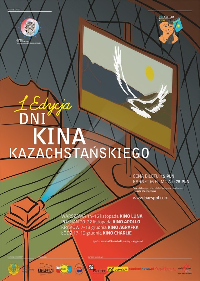 Dni Kina Kazachstańskiego - 11 grudnia, godz. 18:00, Kino Agrafka:

Po raz pierwszy ruszył w Polskę przegląd filmu Kazachstańskiego. Dni kina kazachstańskiego to niepowtarzalna okazja do zobaczenia tego typu produkcji w Polsce. Nieznane dotąd szerszej publiczności filmy to ciekawy przegląd najnowszego kina kazachstańskiego poruszającego tematykę polityczną i społeczną. Głównym celem tego projektu jest promocja Kazachstanu, przedstawienie kultury, tradycji i historii Kazachstanu oraz wzmocnienie przyjaznych stosunków pomiędzy Polską a Kazachstanem. Ponadto, młodzież z Kazachstanu studiująca w Polsce naśladuje inny cel, mianowicie pomoc charytatywną osobom chorym i potrzebującym środki na leczenie i operację. Dochód zebrany ze sprzedaży biletów będzie przekazany wybranej instytucji lub konkretnej osobie.