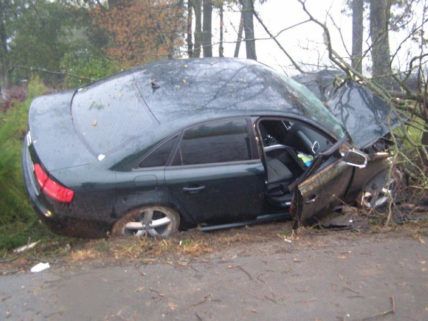 Wypadek na DK 55 koło Dębiny. Audi A4 uderzyło w drzewo