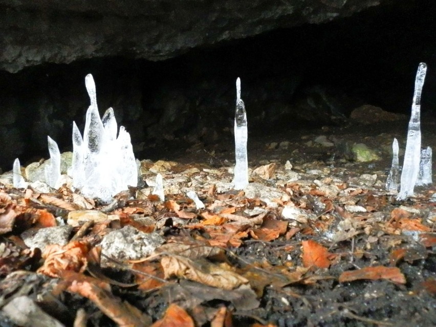 Lodowe stalagmity mają bardzo ciekawe kształty. Zimową porą...
