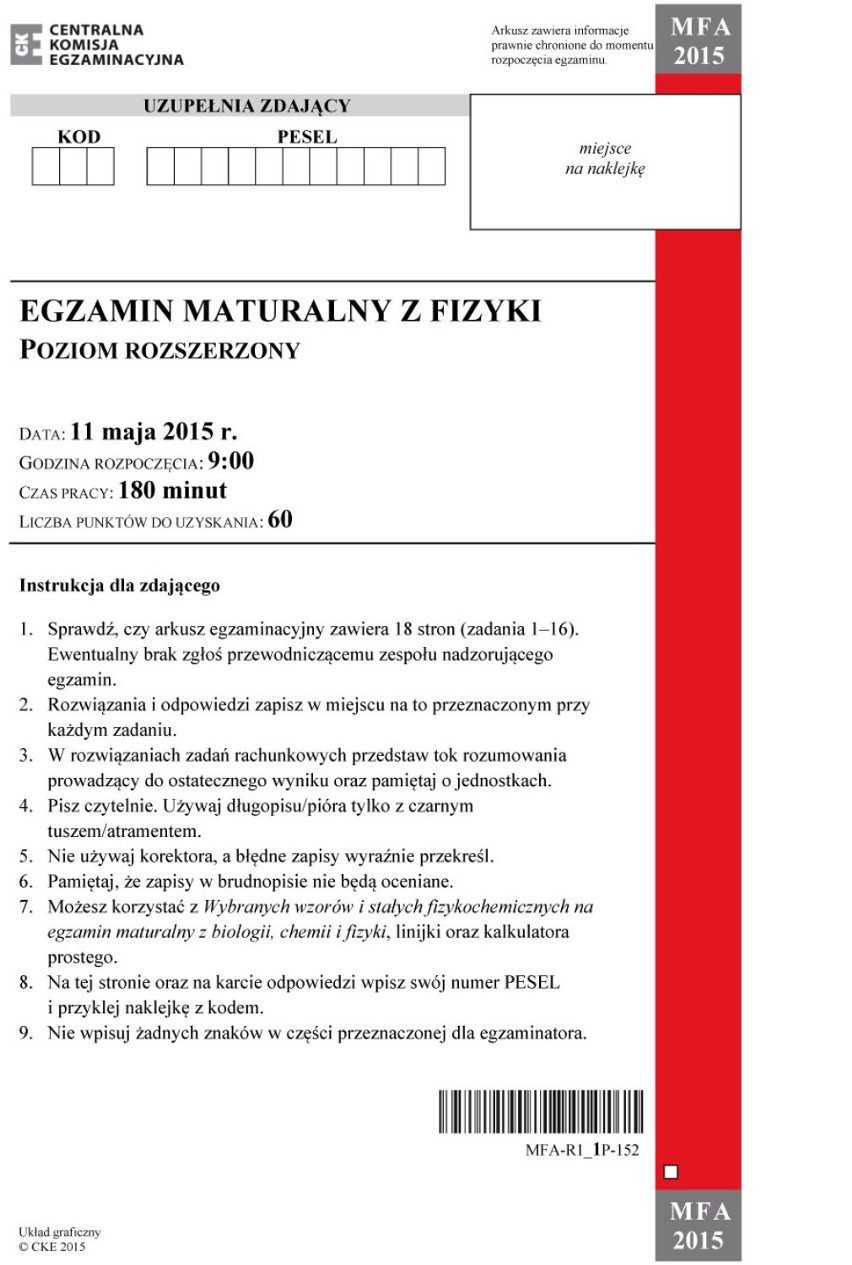 Matura 2015: fizyka i astronomia oraz filozofia - podstawa i rozszerzony [ARKUSZE PDF, odpowiedzi]