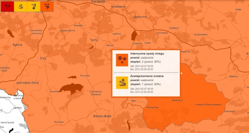 Alert pogodowy drugiego stopnia dla powiatu wadowickiego.