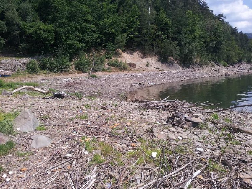 Plastikowe butelki na brzegu Jeziora Żywieckiego