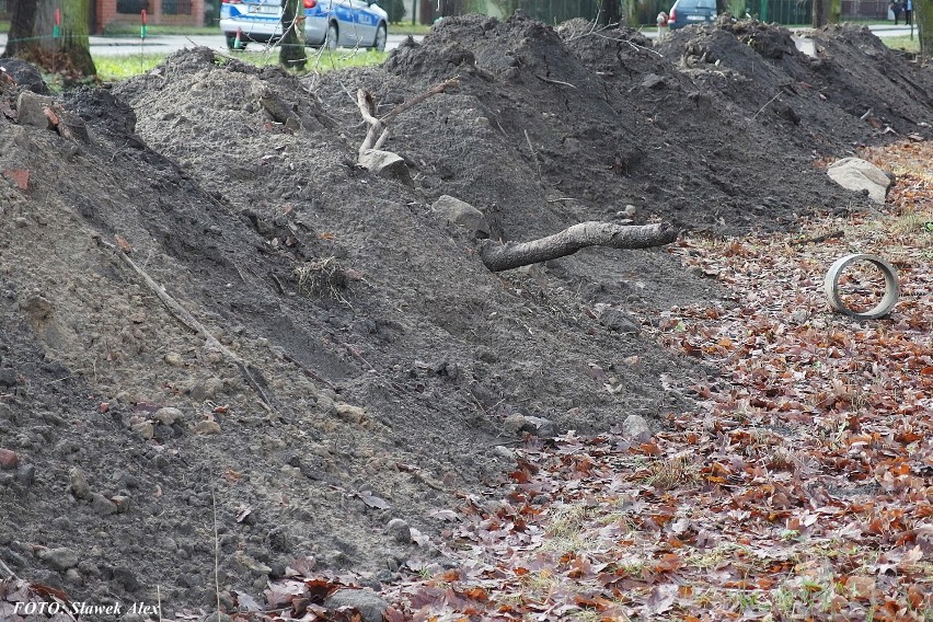 Park Batorego w Stargardzie. Podczas budowy ścieżki rowerowej ziemia odkryła fragmenty nagrobków i kości. Nie zostały od razu zabezpieczone