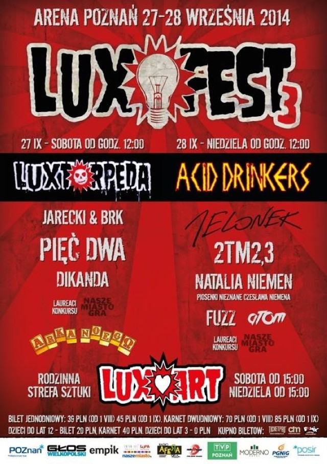 LuxFest 2014 już w weekend w Arenie. Festiwal odbędzie się po raz trzeci. W programie między innymi jubileuszowy koncert Acid Drinkers z Litzą oraz występ reaktywowanego Tymoteusza.

Zobacz więcej: LuxFest 2014 w weekend w Arenie