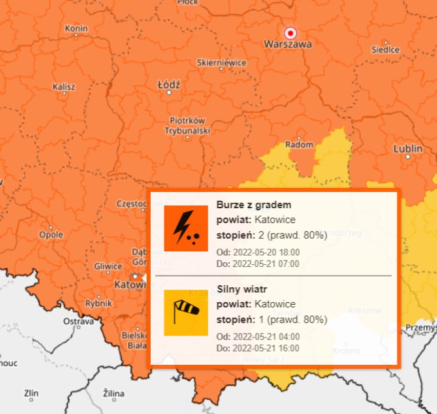 Burze z gradem w woj. śląskim -  ostrzeżenie 2 stopnia! Wiatr w porywach do 100 km/h [20.05.2022]