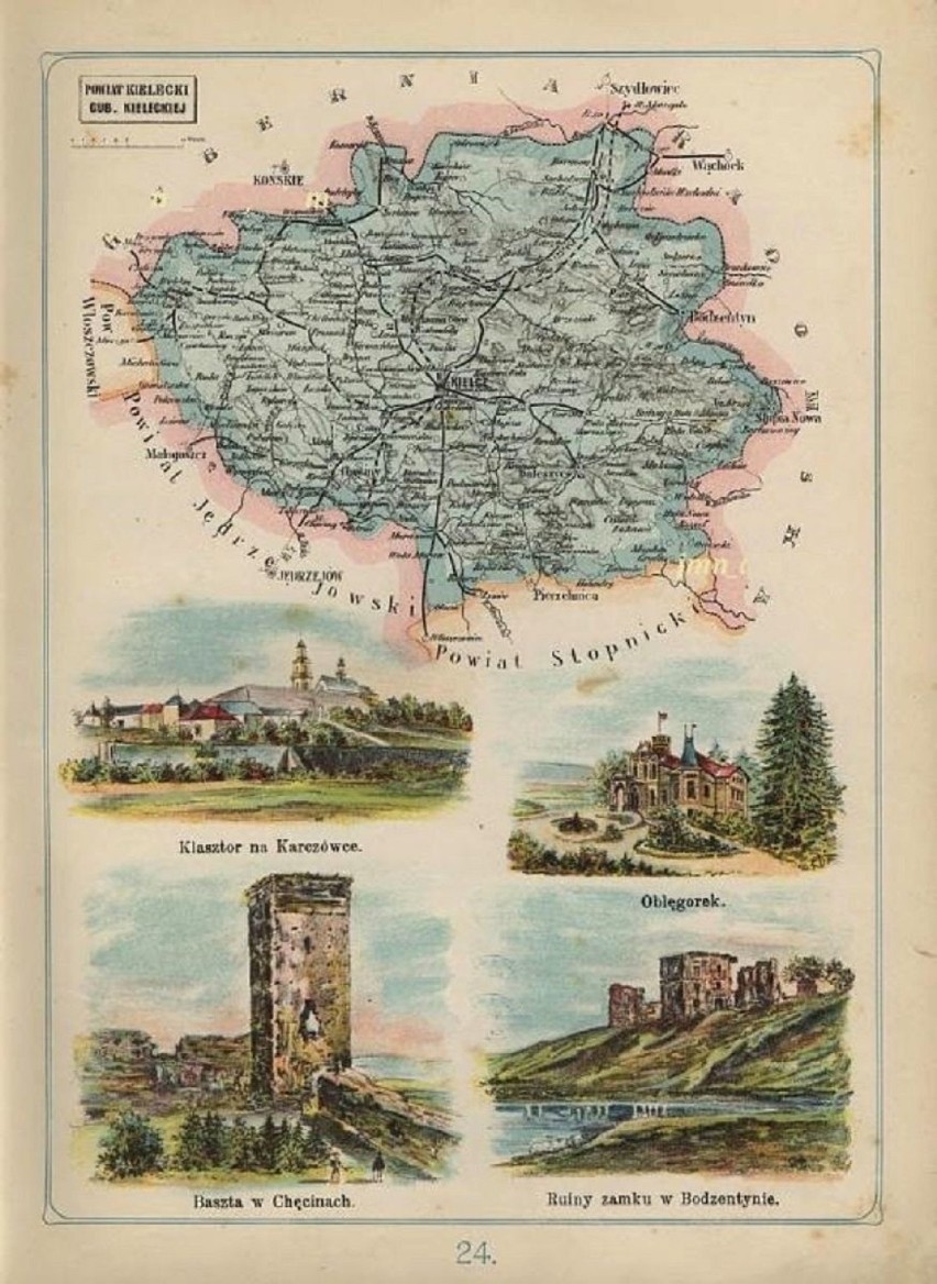 1907 , Mapka powiatu kieleckiego, klasztor w Karczówce,...