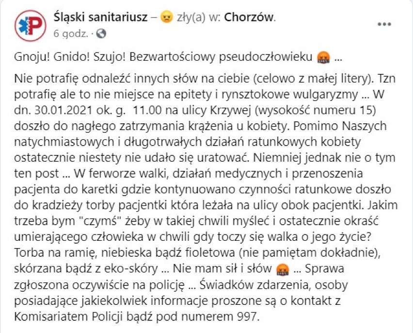 Kobieta umierała na ulicy w Chorzowie. Złodziej ukradł jej torebkę, kiedy była reanimowana