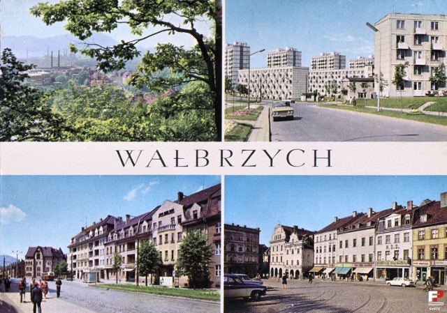  Lata 1968-1969 
Wałbrzych. "Widok ogólny. Aleja Wyzwolenia. Ulica Władysława Broniewskiego. Rynek."
Pocztówka RUCH 