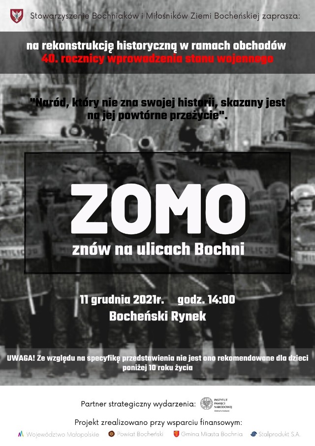 W sobotę w Bochni odbędzie się rekonstrukcja historyczna „ZOMO znów na ulicach Bochni”, przygotowana przez Stowarzyszenie Bochniaków i Miłośników Ziemi Bocheńskiej