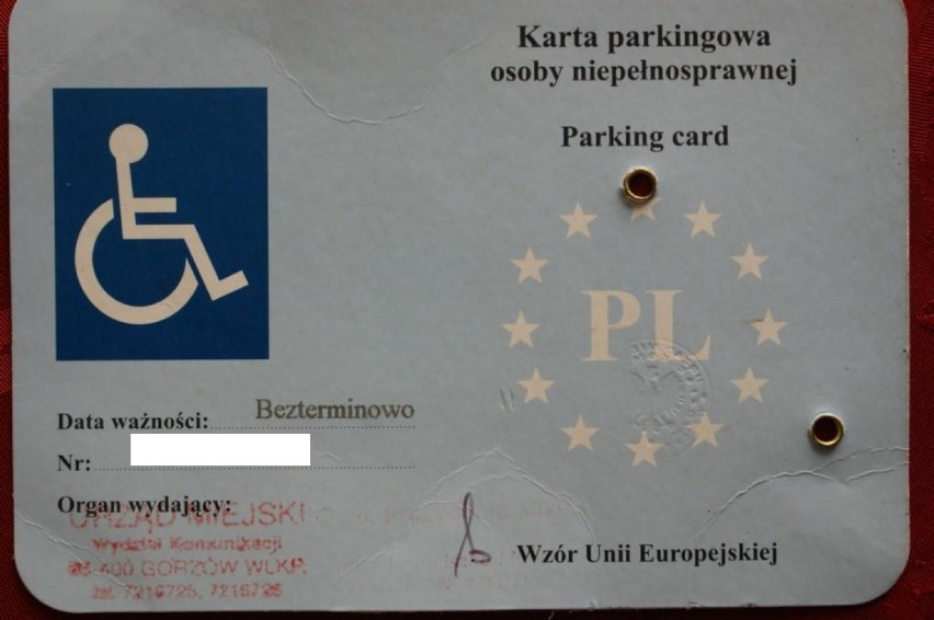 Karta parkingowa osoby niepełnosprawnej (pierwsza strona)