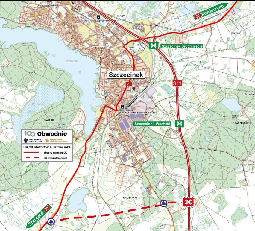 Przebieg łącznika S11 z DK20 na południu Szczecinka