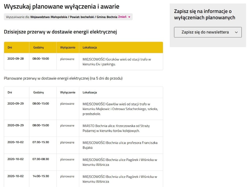 Bochnia-Brzesko. Wyłączenia prądu w rejonie Bochni i Brzeska [28.09.2020]