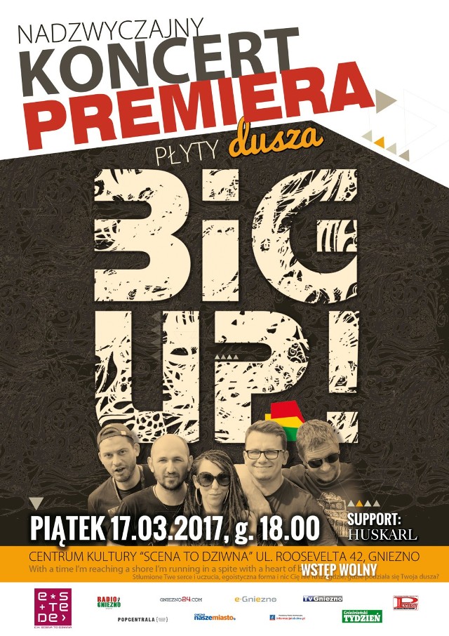 17 marca o godz. 18.00 zapraszamy do eSTeDe na nadzwyczajny koncert zespołu BIG UP! Koncert będzie nadzwyczajny, ponieważ odbędzie się dokładnie w dzień premiery debiutanckiej płyty zespołu pod tytułem „Dusza”.

Będzie to pierwszy z dwóch premierowych koncertów, a drugi odbędzie się dzień później w Starym Klasztorze we Wrocławiu.

Zapraszamy do obejrzenia teledysku do singla promującego płytę:
https://www.youtube.com/watch?v=CvuQrmvKdDM

BIG UP! na swoim koncie ma wiele koncertów w całej Polsce. Do najważniejszych osiągnięć zespołu należy zaliczyć występ na takich festiwalach jak: Ostróda Reggae Festival, Najcieplejsze Miejsce na Ziemi, Winter Reggae czy Afryka Reggae Festiwal, ale również występ w Polskim Radiu Czwórka. W 2013 roku zwyciężyli w konkursie Czwórka Reggae Contest na Ostróda Reggae Festival.

Przed BIG UP! Wystąpi zespół Huskarl, dzięki któremu będzie można posłuchać dud średniowiecznych, w nie tylko średniowiecznym repertuarze.

WSTĘP NA KONCERT JEST WOLNY
Będzie również możliwość zakupienia płyty.