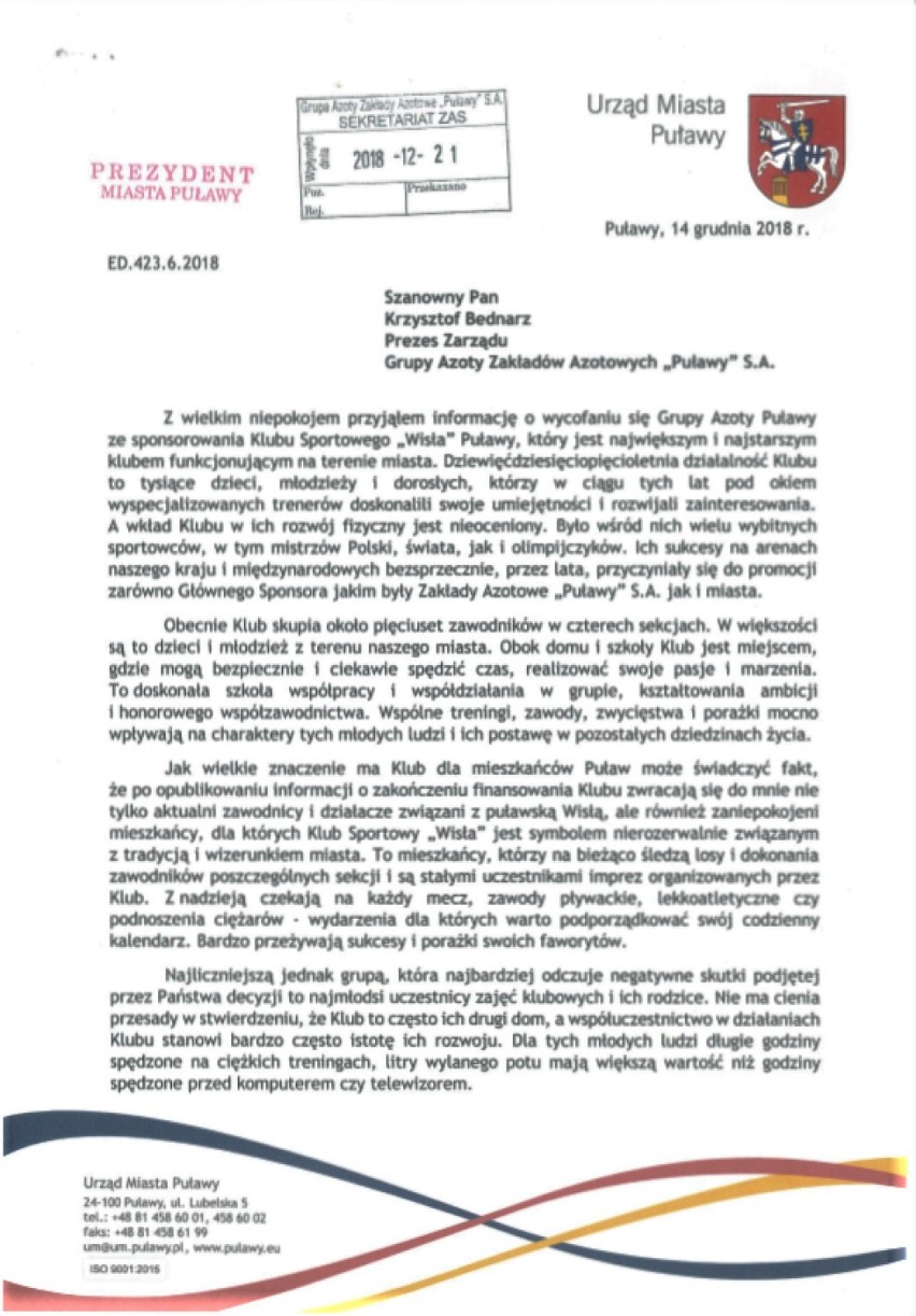 Paweł Maj napisał list do prezesa Azotów w sprawie KS Wisła Puławy