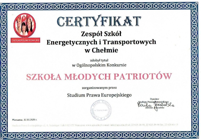  Zespół Szkół Energetycznych i Transportowych w Chełmie otrzymał  certyfikat Szkoła Młodych Patriotów - zobaczcie zdjęcia