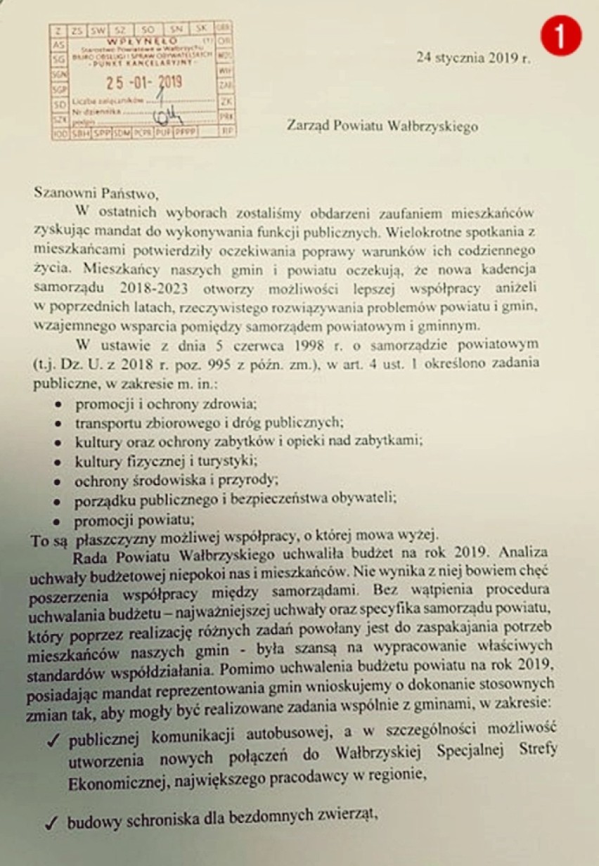 Oficjalne pismo włodarzy: Głuszycy, Jedliny-Zdroju,...