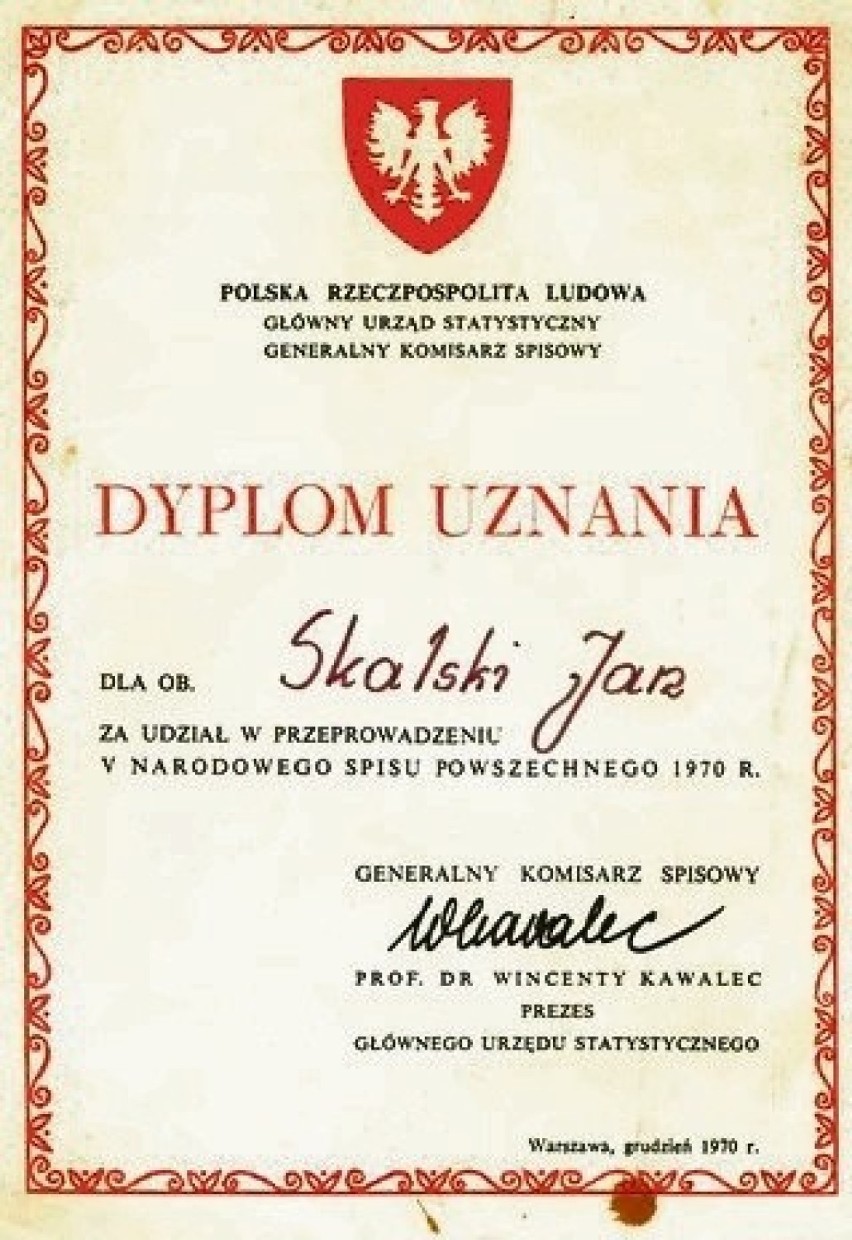 Dyplom uznania dla rachmistrza Jana Skalskiego z ówczesnego...