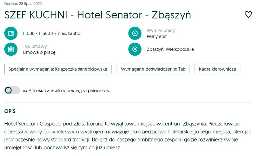 Sprawdź ofertę Szef kuchni - Hotel Senator