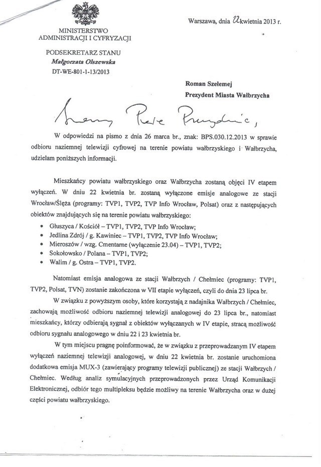 Ministerstwo wyjaśnia, że prawie cały Wałbrzych będzie w zasięgu cyfrowego sygnału telewizyjnego