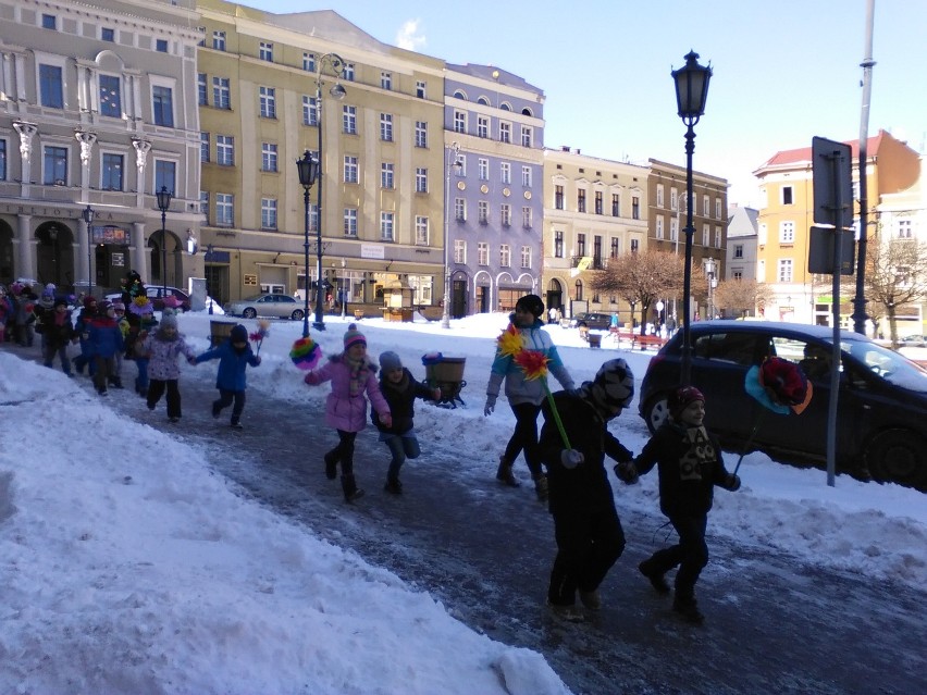 Kolorowy marsz przez Rynek - zobaczcie, dzieci witają wiosnę w Wałbrzychu! 