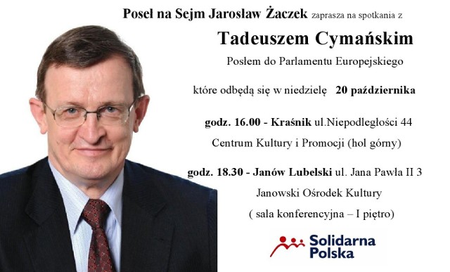 Tadeusz Cymański odwiedzi Kraśnik i Janów Lubelski. Spotkanie z politykiem już w najbliższą niedzielę, 20 października