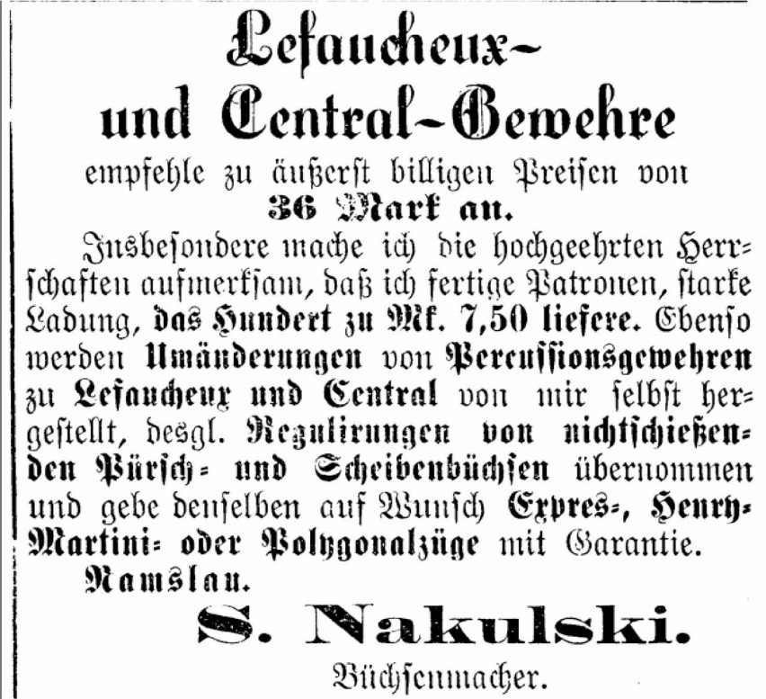 Ogłoszenie o warsztacie w Namysłowie z Namyslauer Kreisblatt 1883 r.