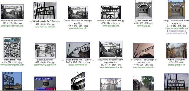 Różne obrazy dotyczące napisu nad bramą w Auschwitz