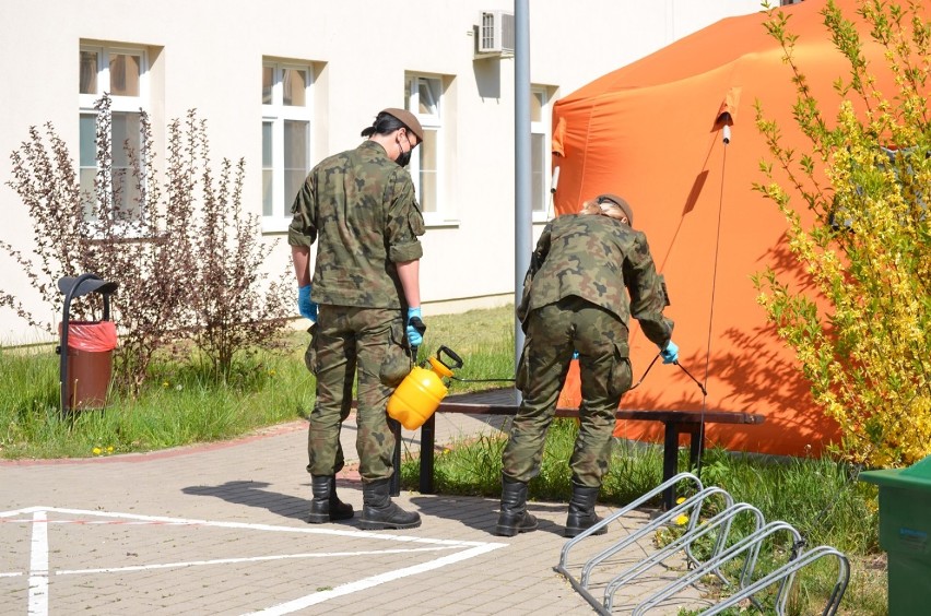 Głogów: Żołnierze WOT pomagają w przyszpitalnym namiocie do segregacji pacjentów