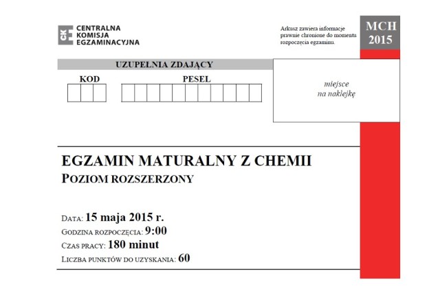 Matura 2015.  Chemia, poziom rozszerzony- liceum ARKUSZE, ODPOWIEDZI