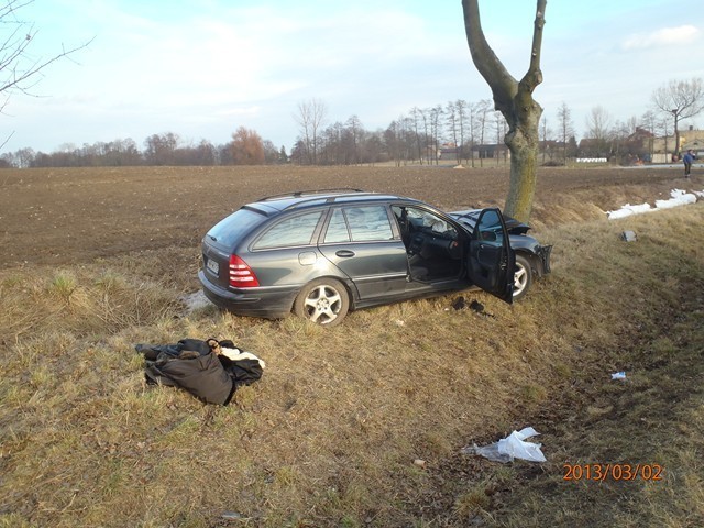Wypadek w Lubońku. Mercedes uderzył w drzewo [ZDJĘCIA]